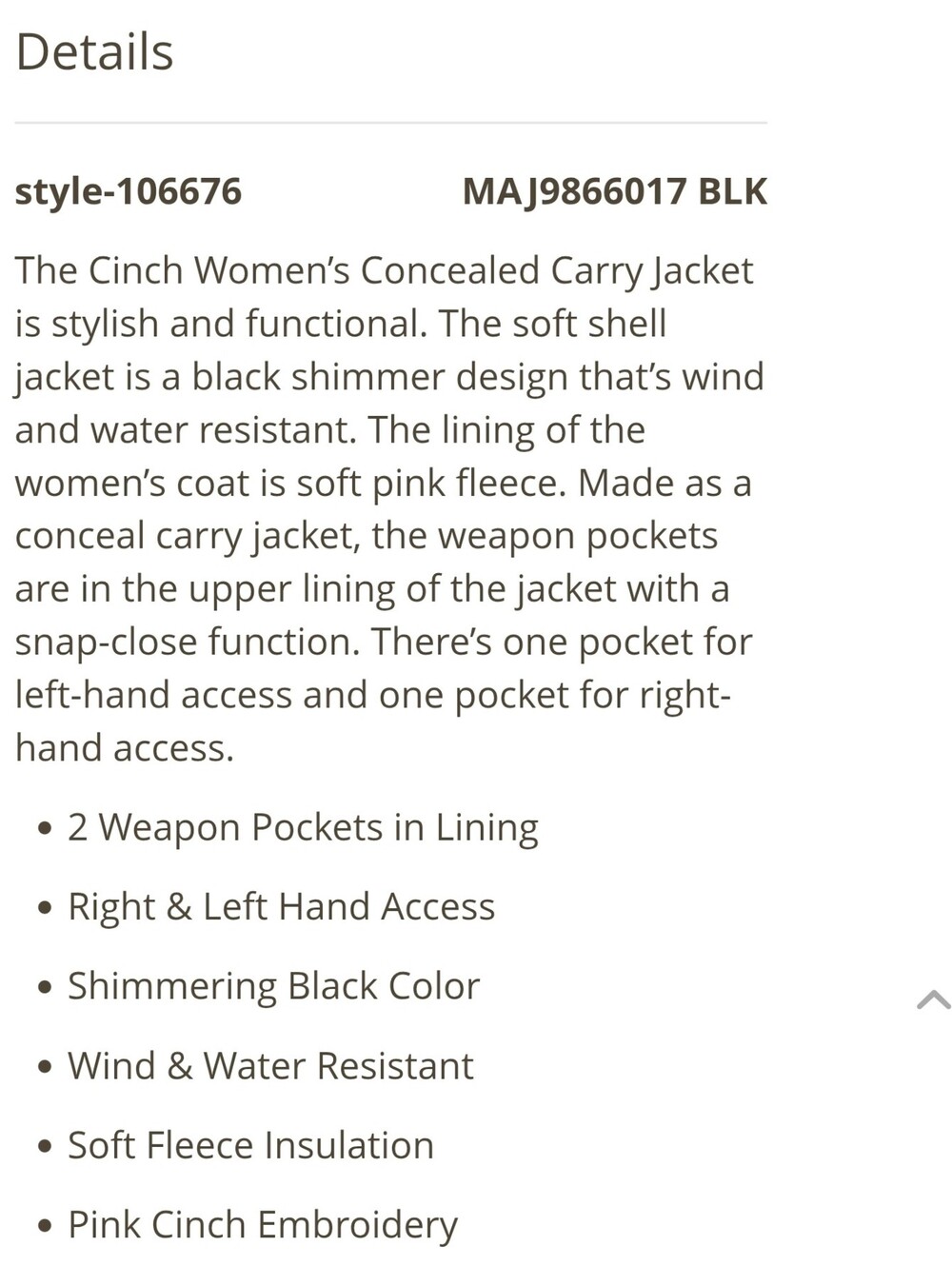 CINCH Miller Storm Defense Concealed Carry Jacket Women's Large Embossed Black - Picture 16 of 16